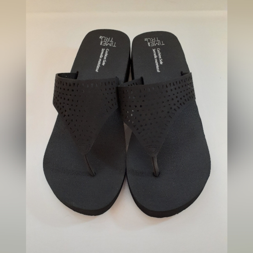 Time and Tru brand black wedge flip flops- size 8